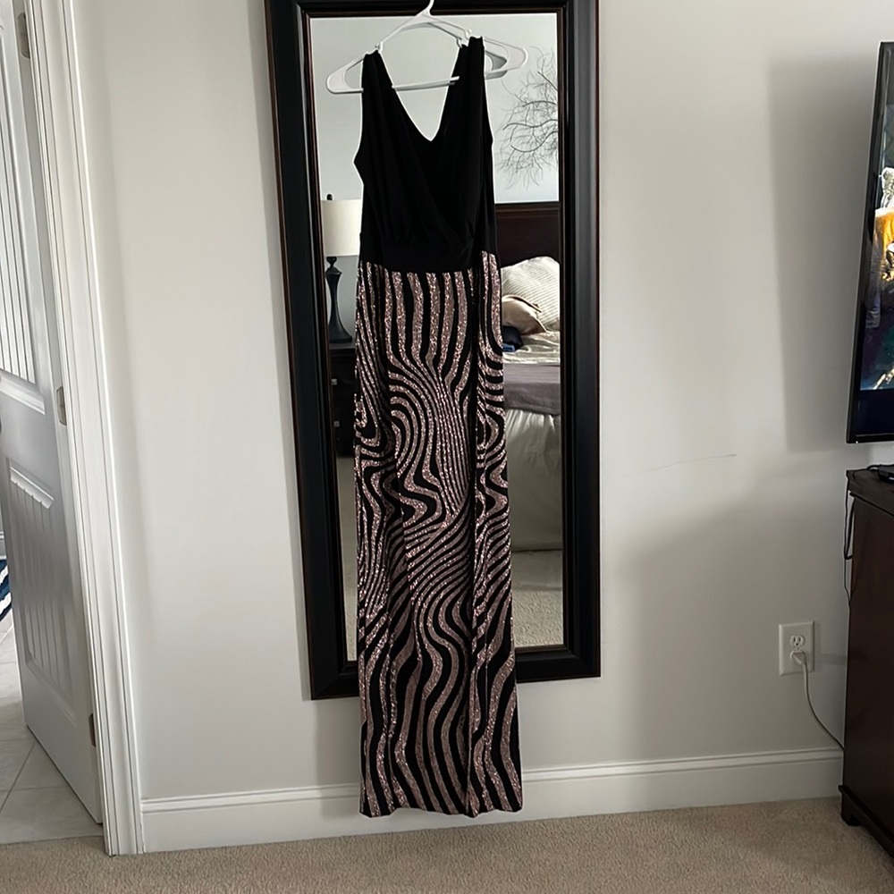 Black gown with gold appliqué